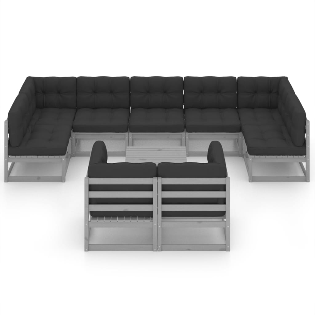 10-tlg. Garten-Lounge-Set mit Kissen Grau Kiefer Massivholz